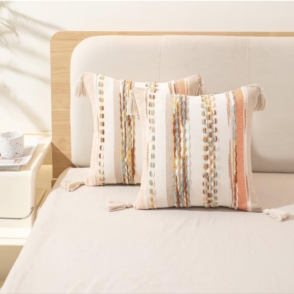 Boho Throw Pillow Covers 18x18 Set of 2‎ Woven Tufted Farmhouse Pillows Cover - Picture 4 of 4